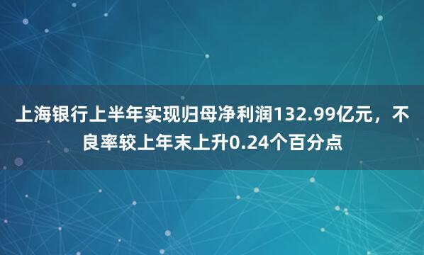 上海银行上半年实现归母净利润132.99亿元，不良率较上年末上升0.24个百分点